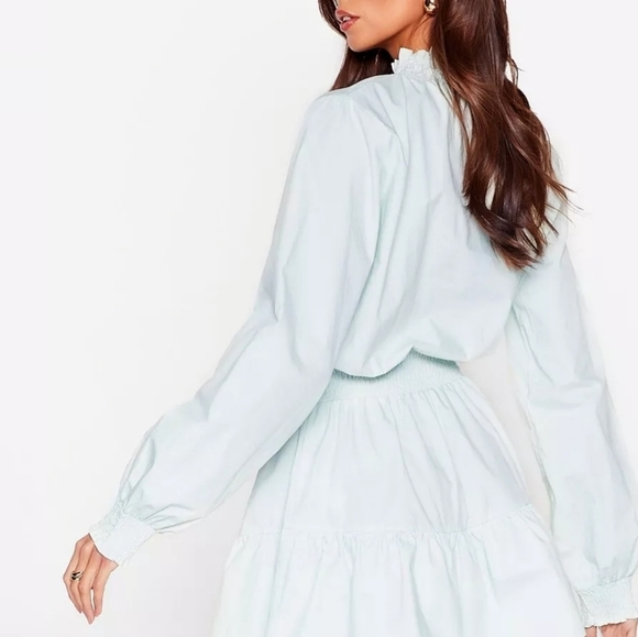 NASTY GAL Frill I Found You High Neck Long Sleeve Tiered Mini Dress Mint Green - Picture 4 of 12